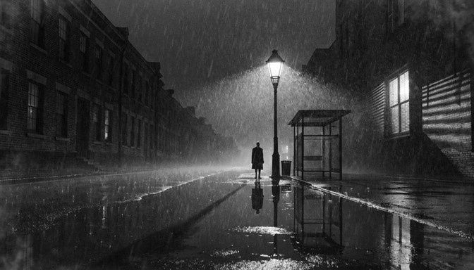 Regennasse Film-Noir-Straße mit Laterne, Bushaltestelle und silhouettierter Person